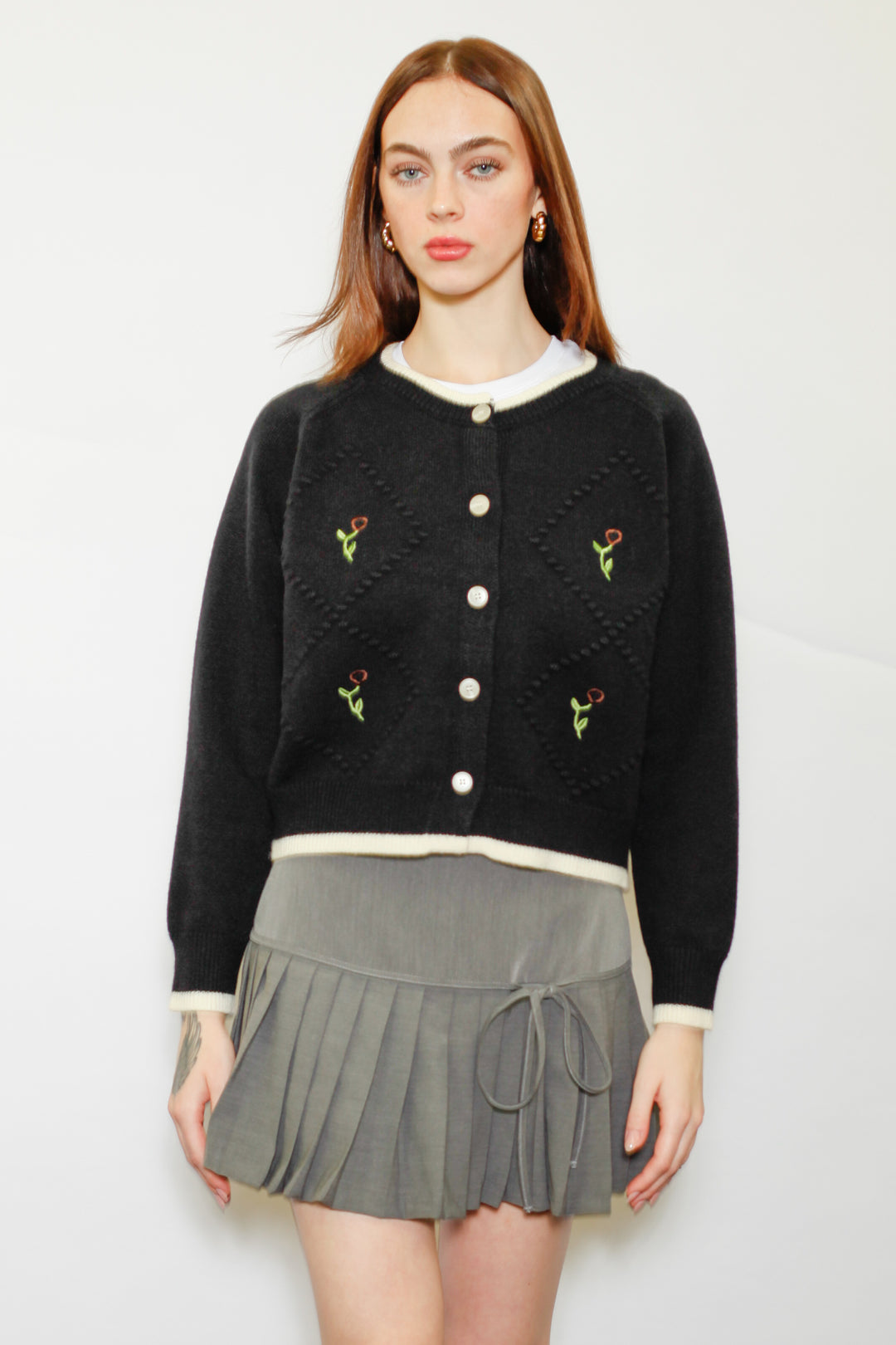 Wool Black Floral Motif Cardigan