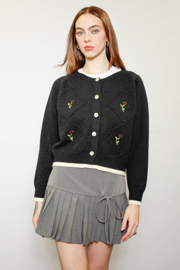 Wool Black Floral Motif Cardigan