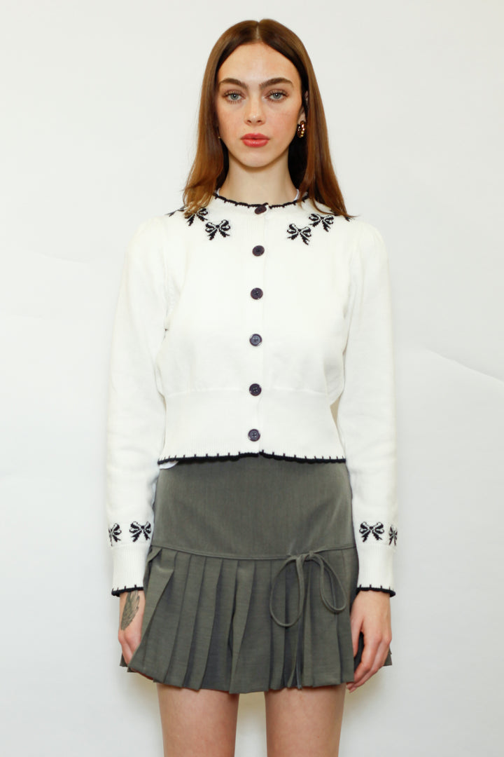 Wool White Bow Jacquard Cardigan