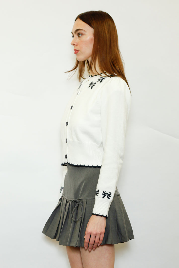 Wool White Bow Jacquard Cardigan