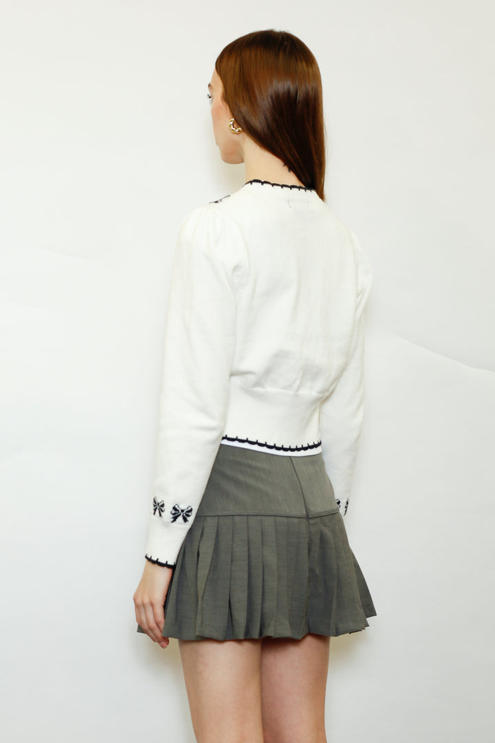 Wool White Bow Jacquard Cardigan
