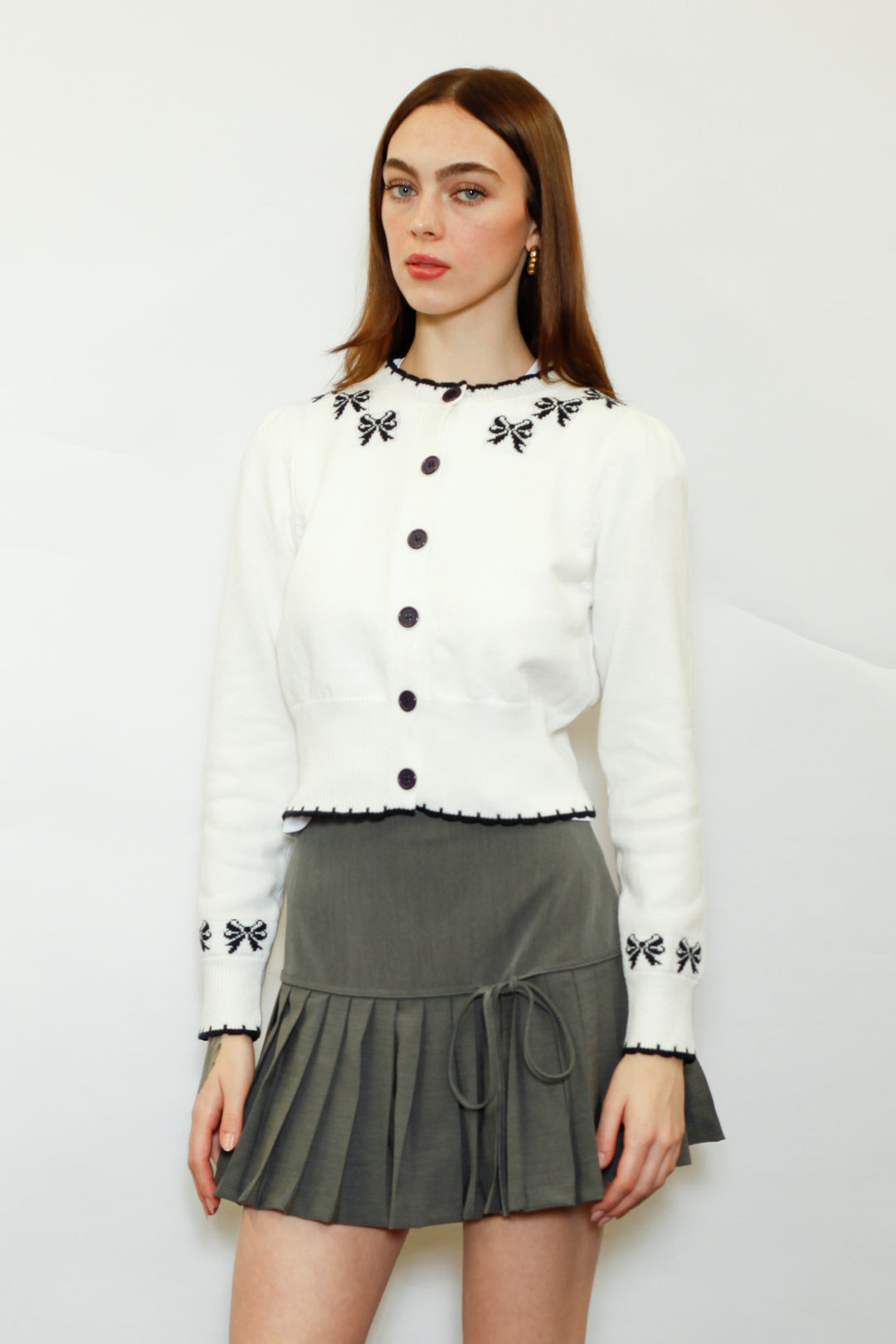 Wool White Bow Jacquard Cardigan