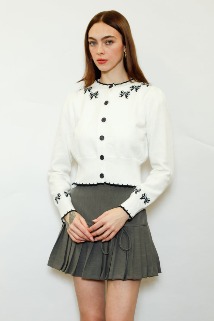 Wool White Bow Jacquard Cardigan