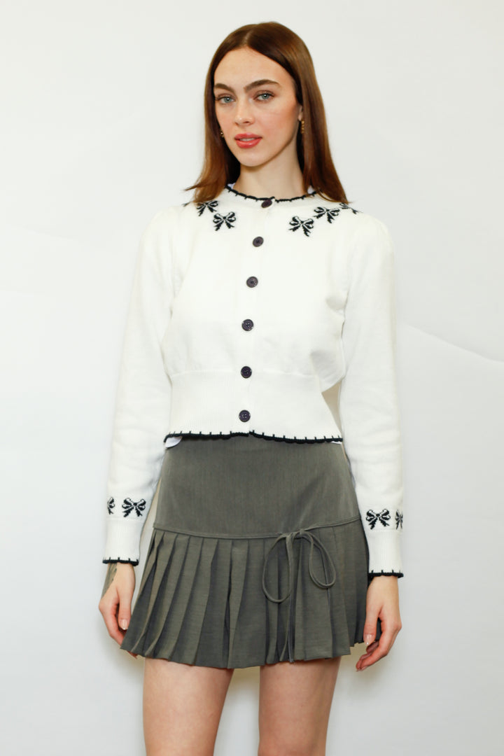 Wool White Bow Jacquard Cardigan