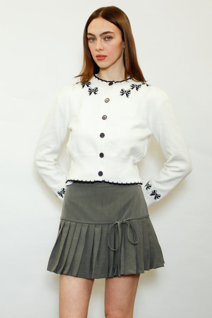 Wool White Bow Jacquard Cardigan