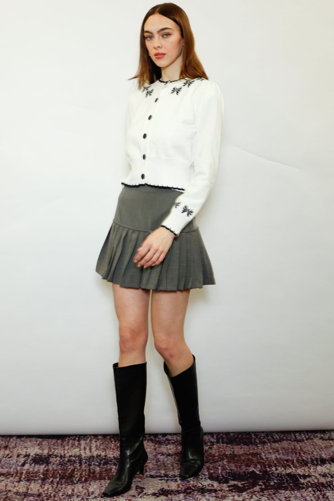 Wool White Bow Jacquard Cardigan