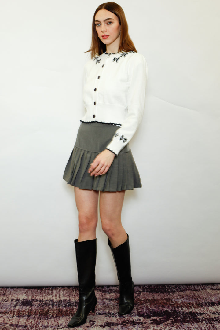 Wool White Bow Jacquard Cardigan