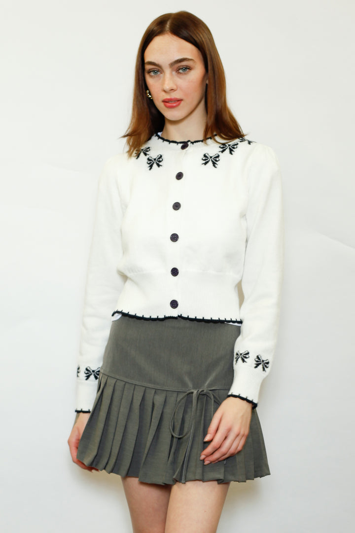 Wool White Bow Jacquard Cardigan