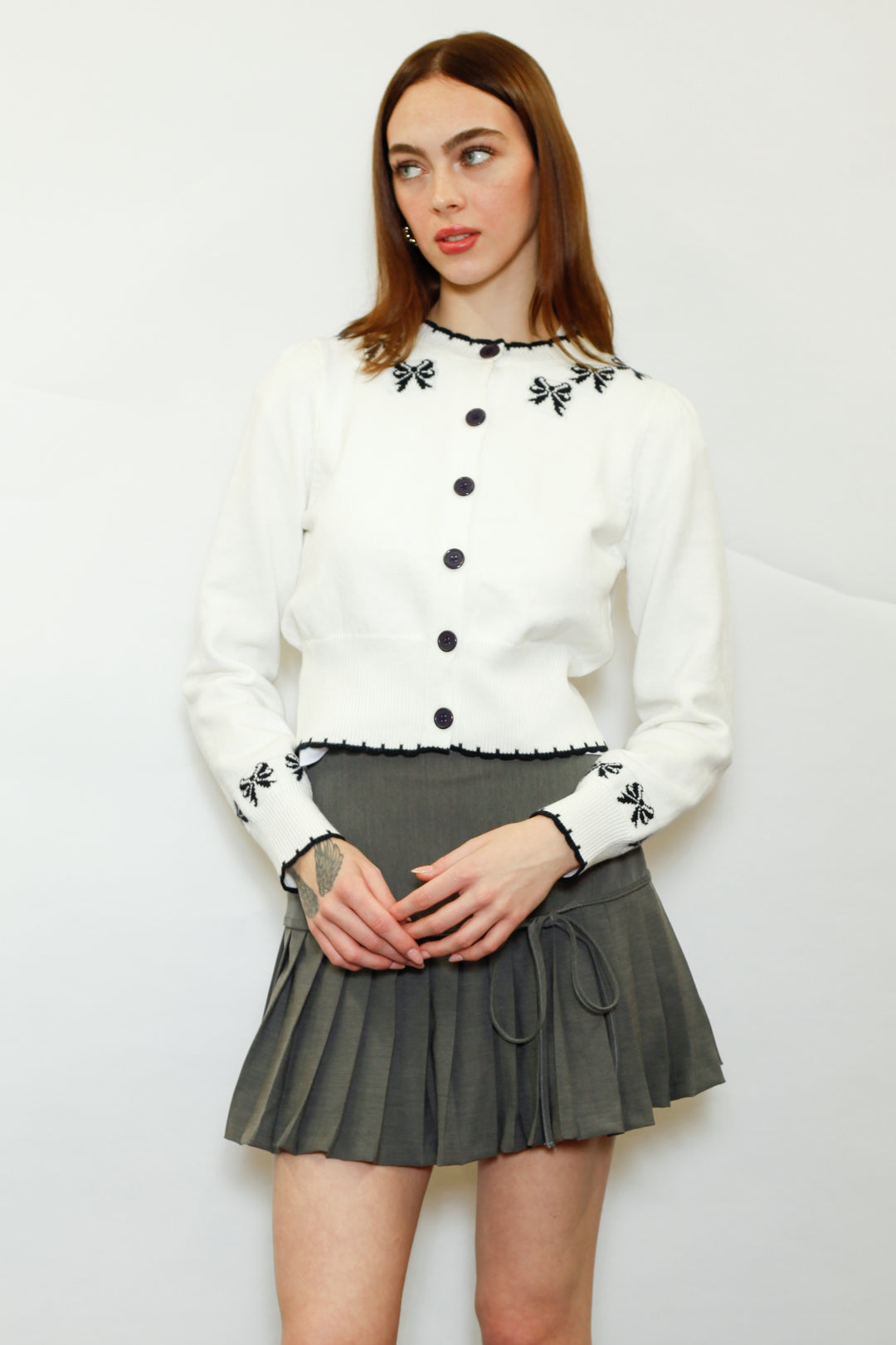 Wool White Bow Jacquard Cardigan