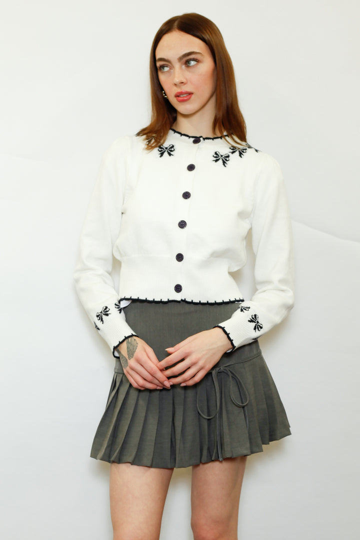 Wool White Bow Jacquard Cardigan