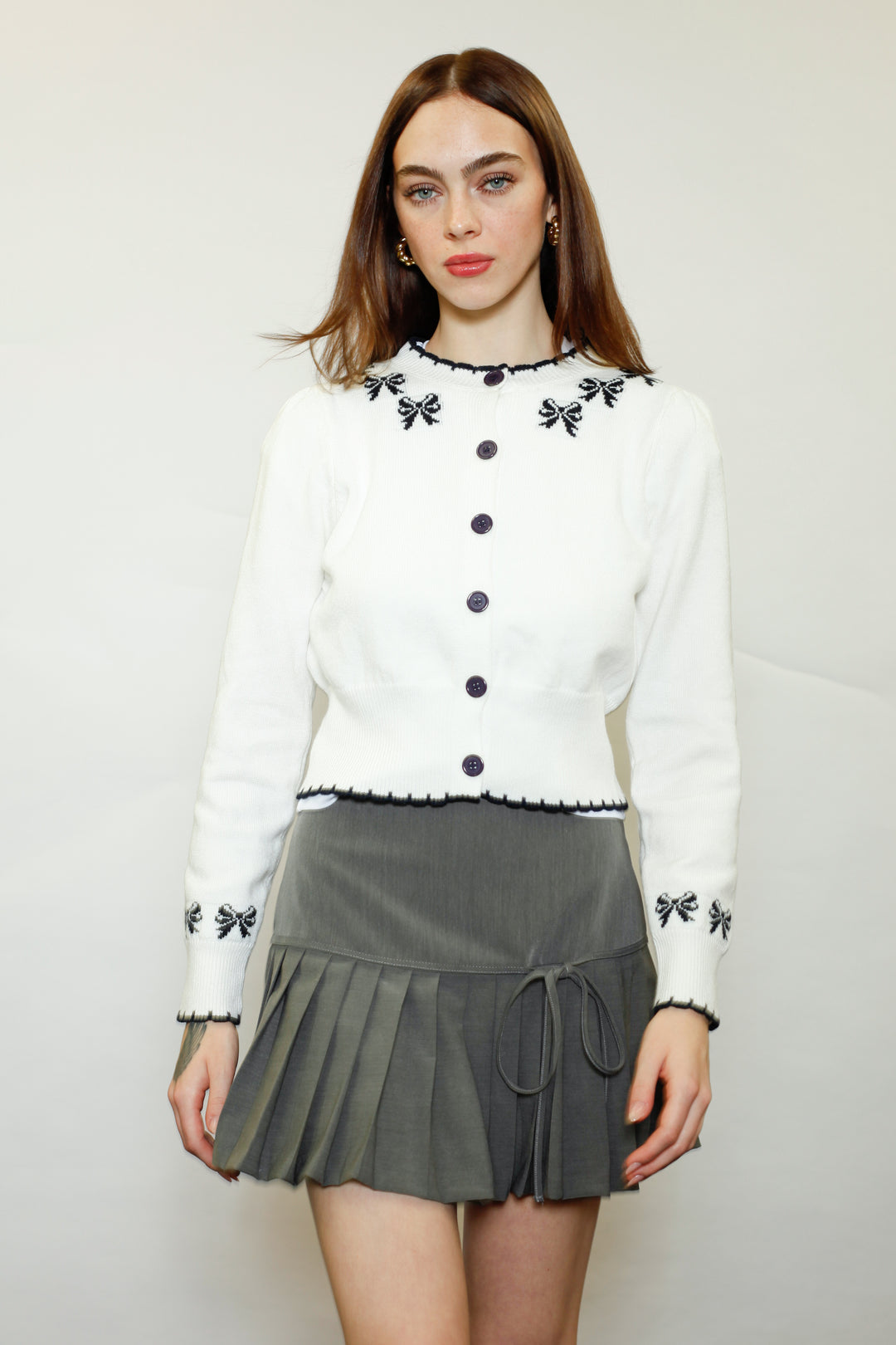 Wool White Bow Jacquard Cardigan