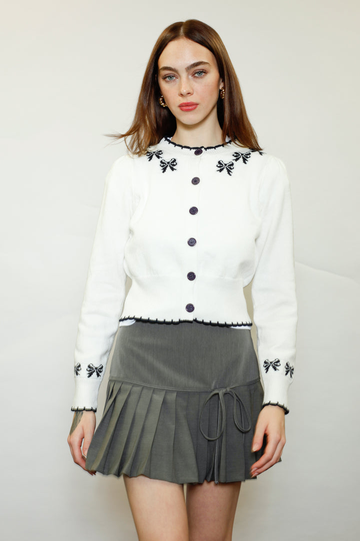 Wool White Bow Jacquard Cardigan