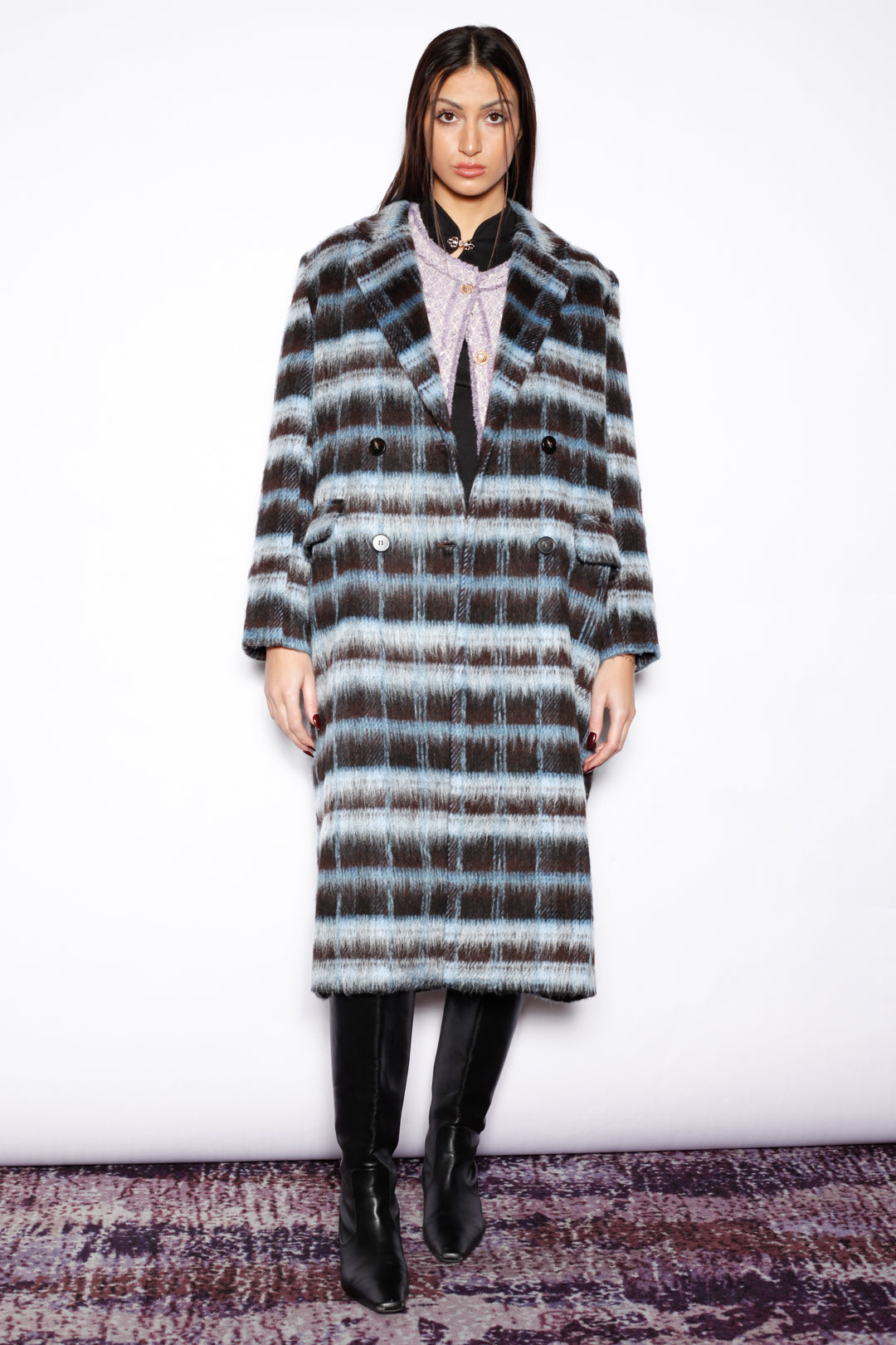 Heavy Wool Navy Black Plaid Coat