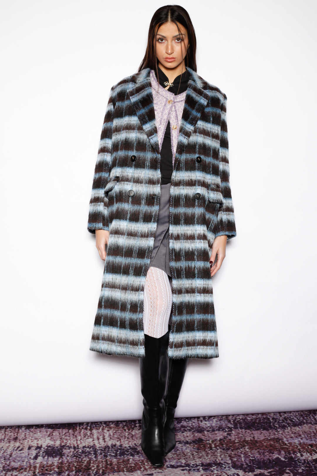 Heavy Wool Navy Black Plaid Coat