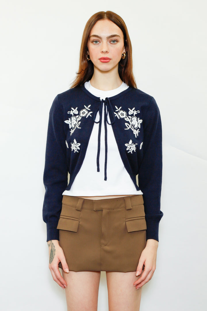 Wool Navy Floral Motif Cardigan