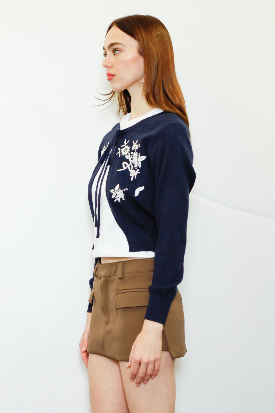 Wool Navy Floral Motif Cardigan