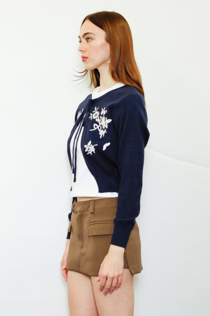 Wool Navy Floral Motif Cardigan