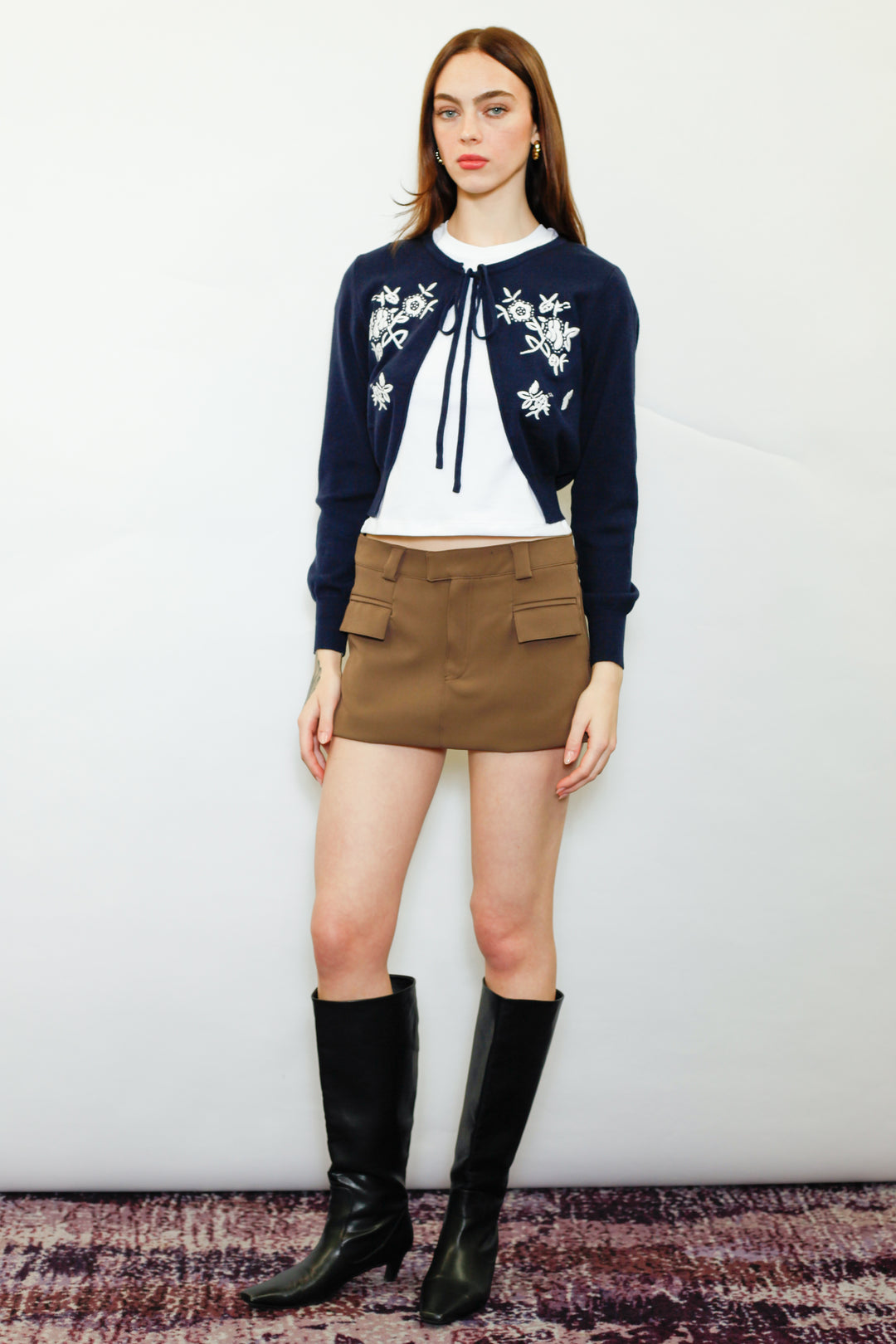 Wool Navy Floral Motif Cardigan