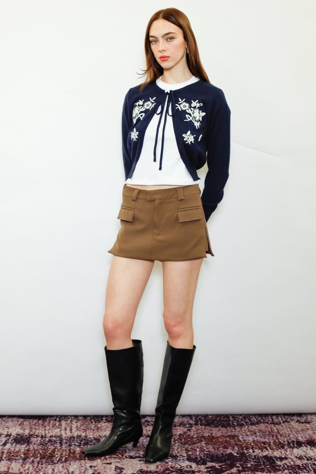 Wool Navy Floral Motif Cardigan