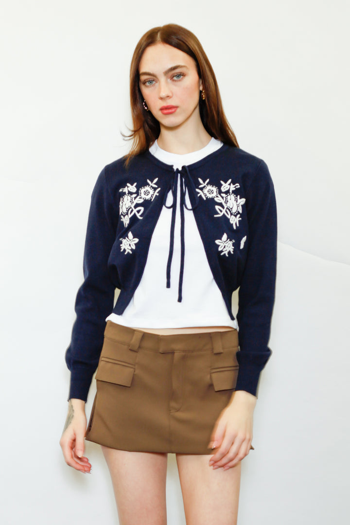 Wool Navy Floral Motif Cardigan