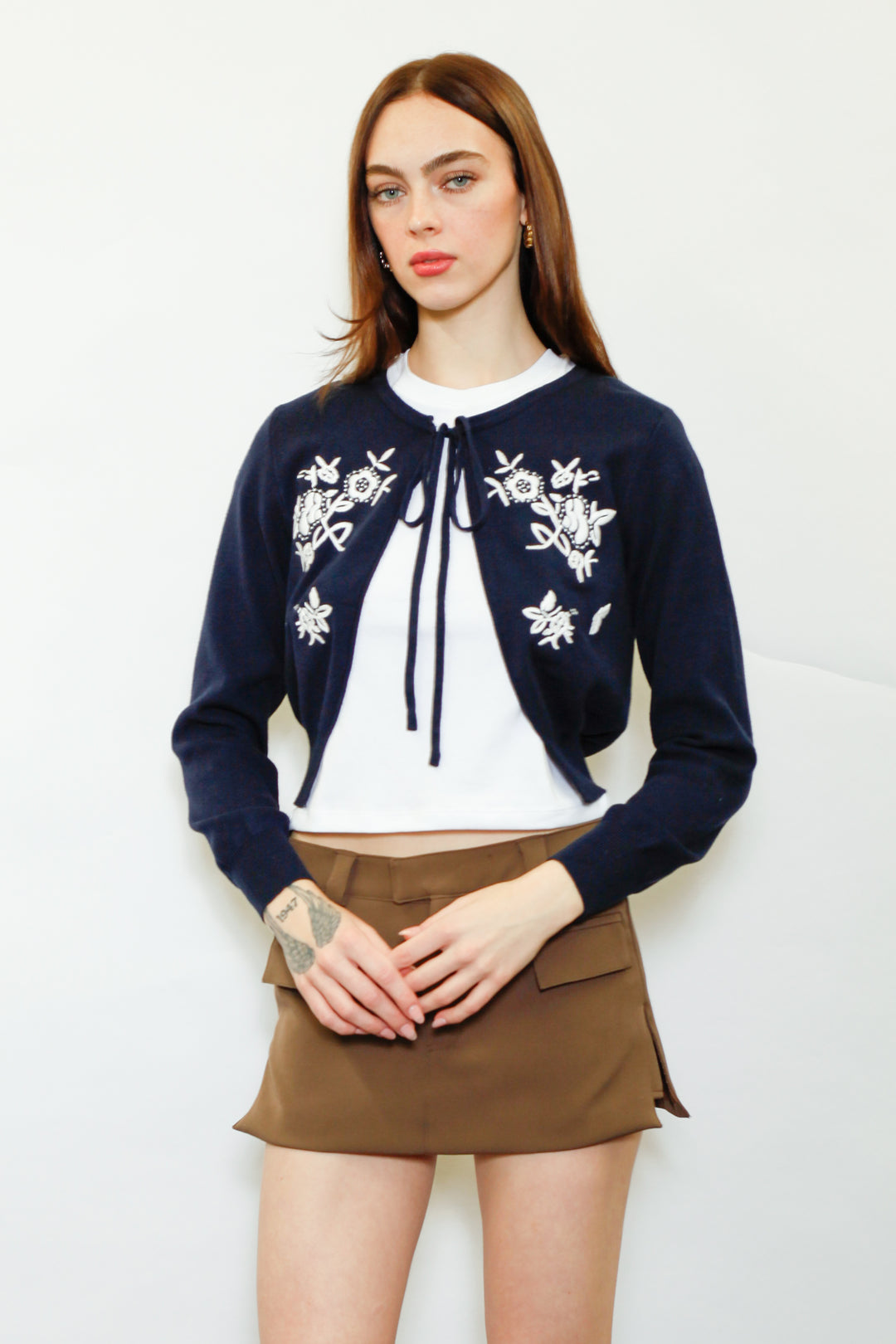 Wool Navy Floral Motif Cardigan