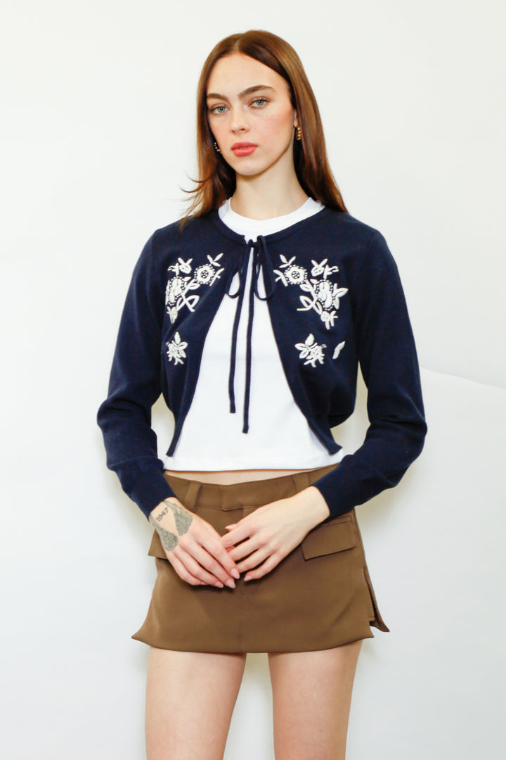 Wool Navy Floral Motif Cardigan