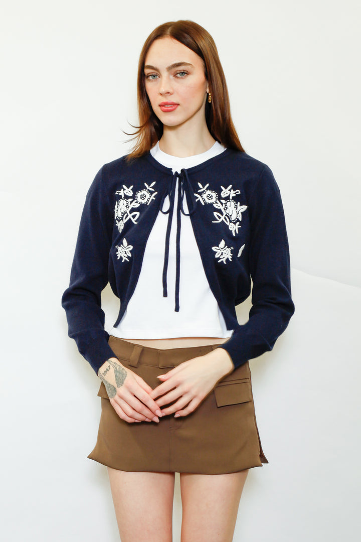 Wool Navy Floral Motif Cardigan
