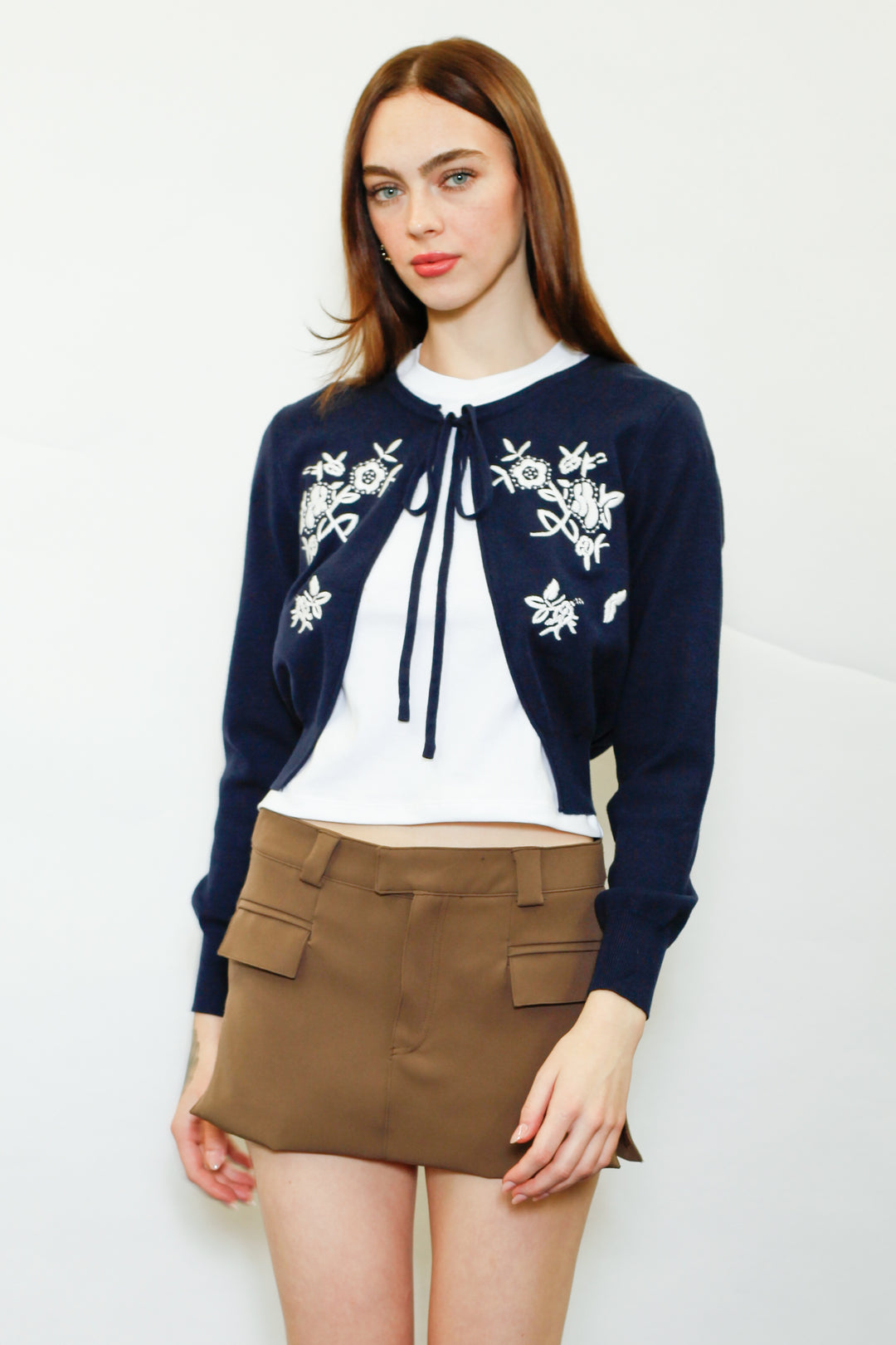 Wool Navy Floral Motif Cardigan