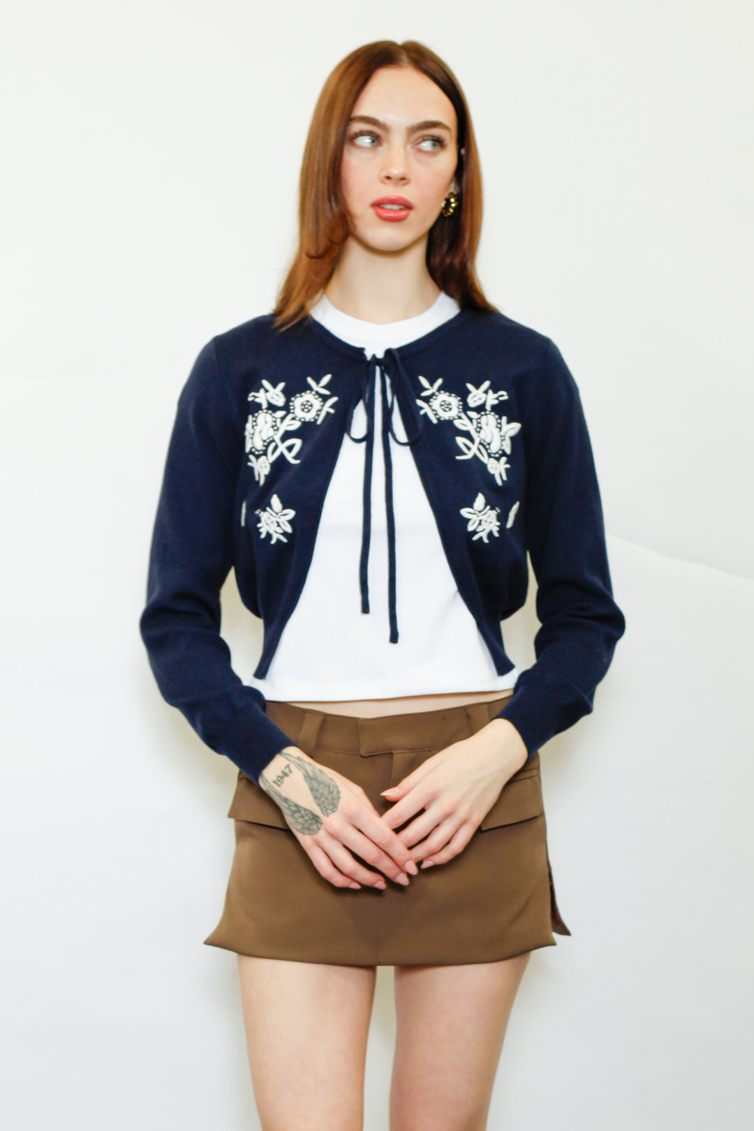 Wool Navy Floral Motif Cardigan