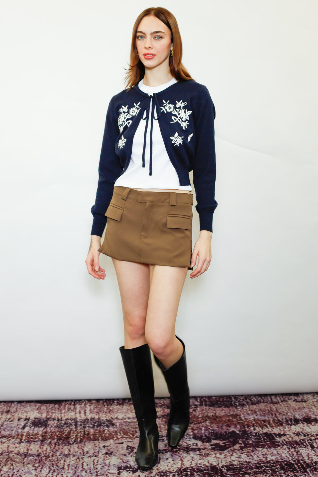 Wool Navy Floral Motif Cardigan