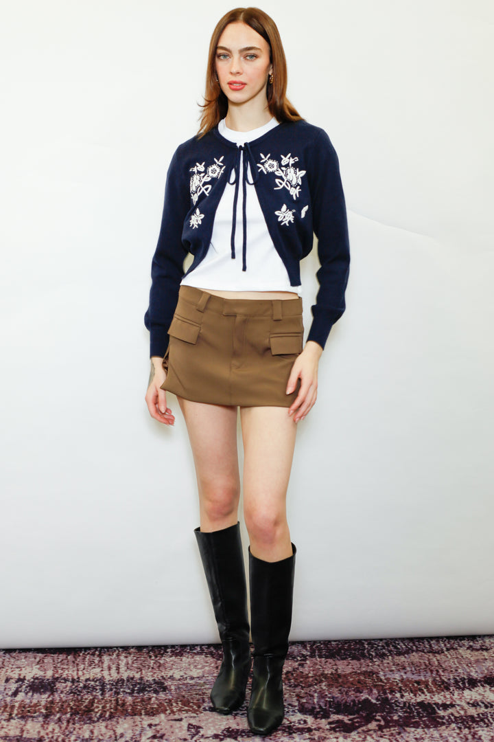 Wool Navy Floral Motif Cardigan
