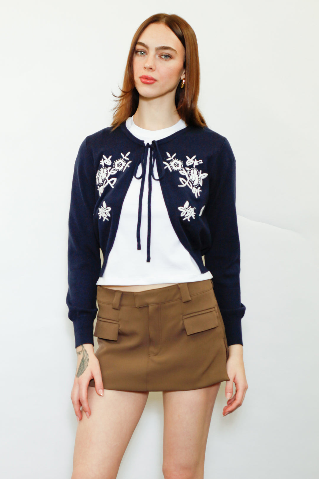 Wool Navy Floral Motif Cardigan