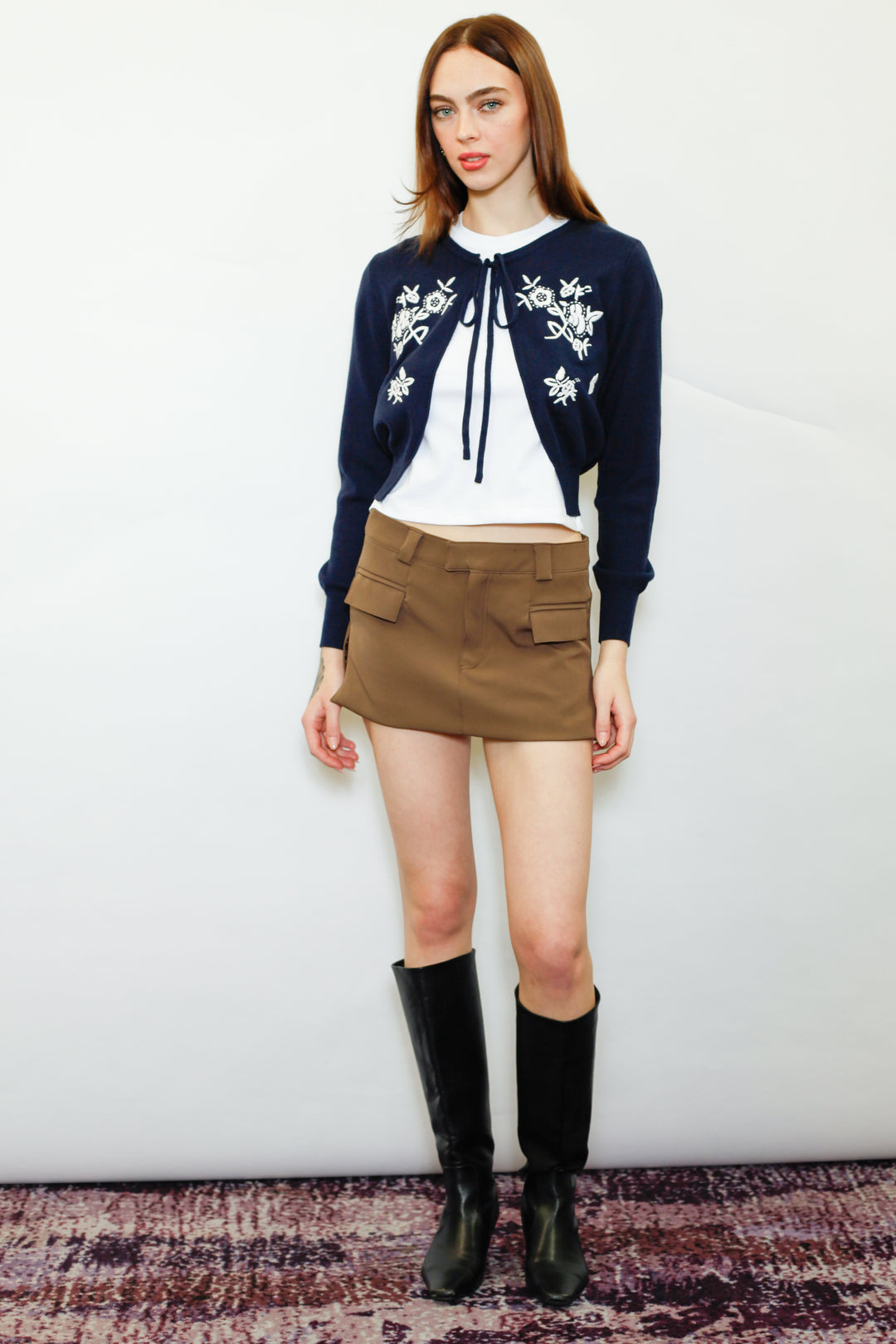 Wool Navy Floral Motif Cardigan