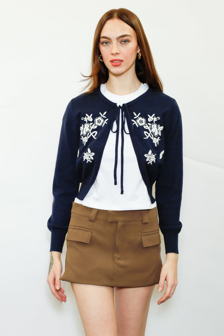 Wool Navy Floral Motif Cardigan