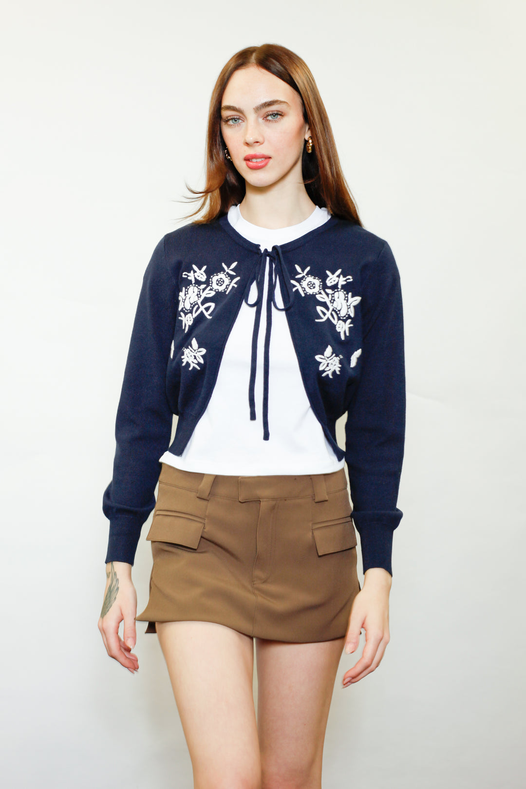 Wool Navy Floral Motif Cardigan