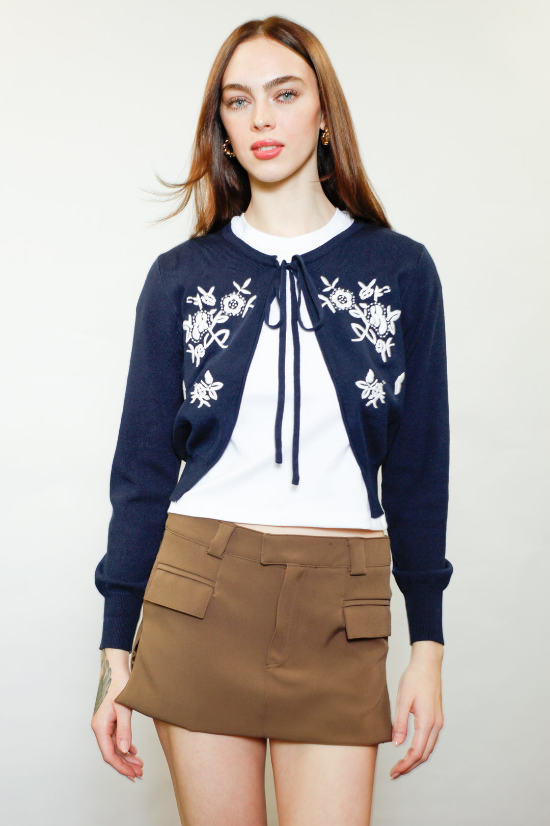 Wool Navy Floral Motif Cardigan