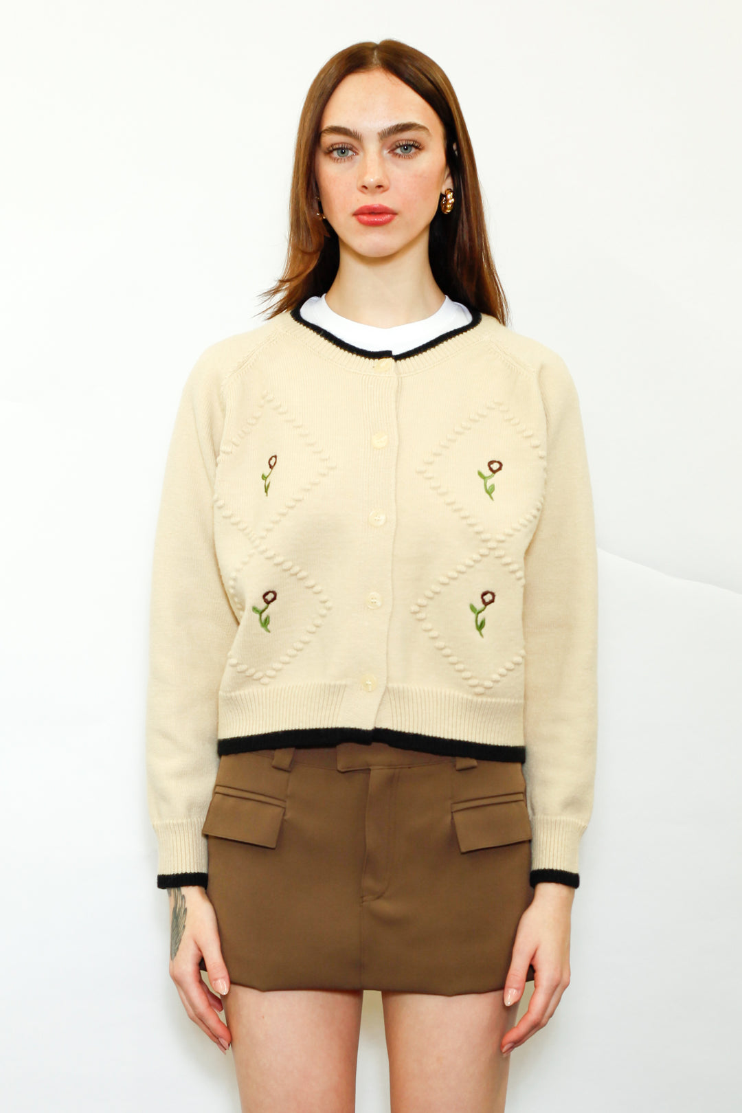 Wool Cream Floral Motif Cardigan