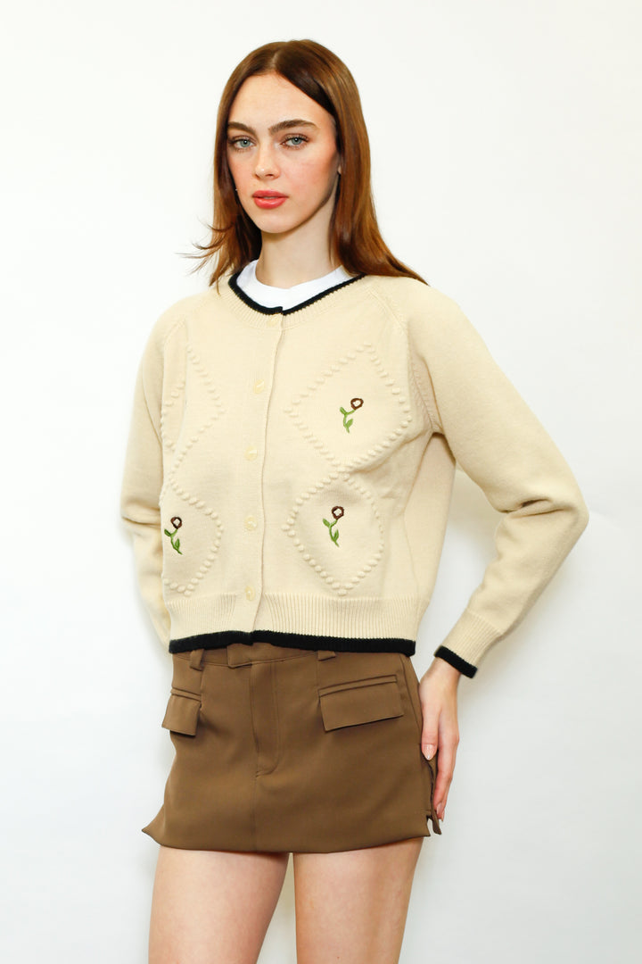 Wool Cream Floral Motif Cardigan