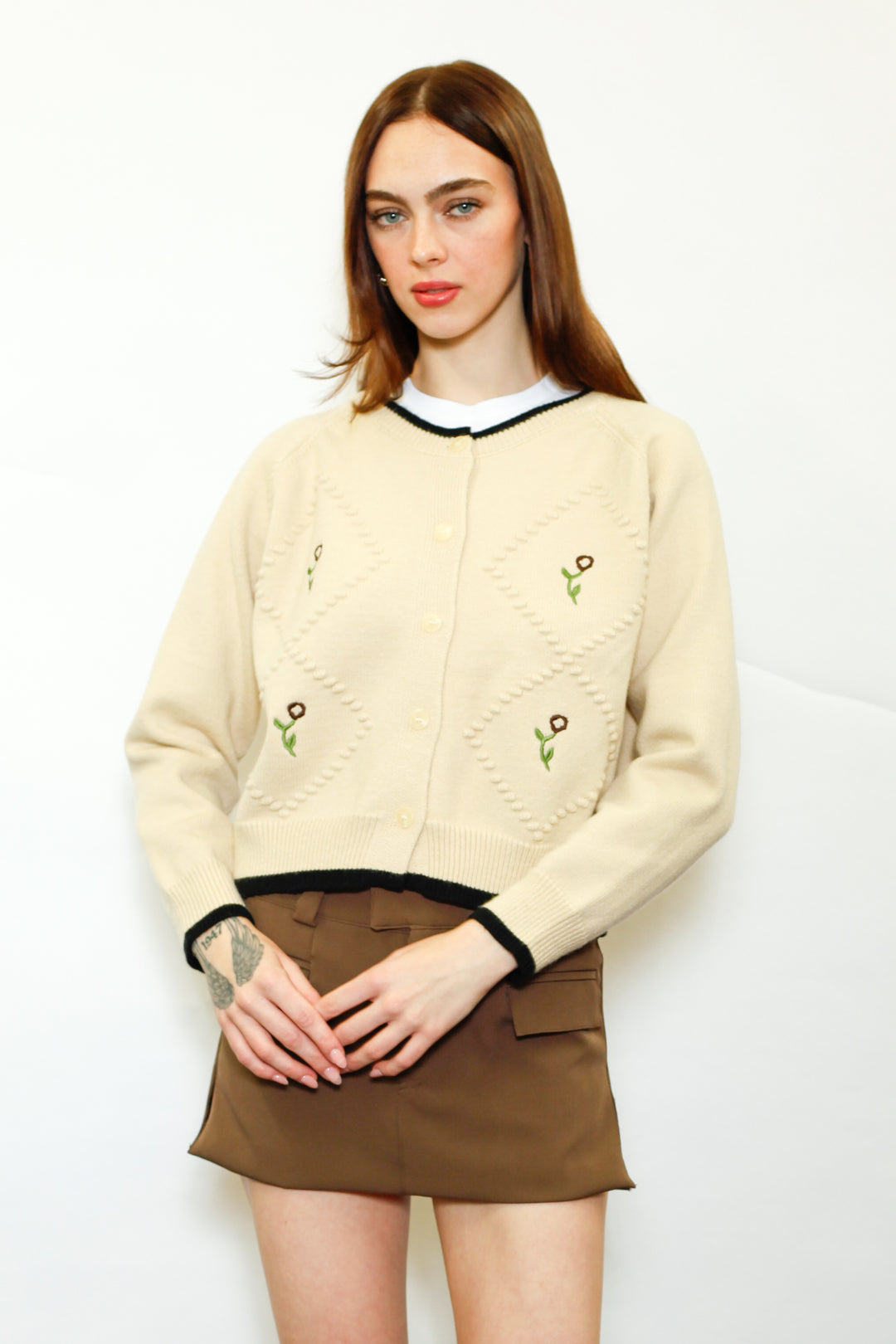 Wool Cream Floral Motif Cardigan