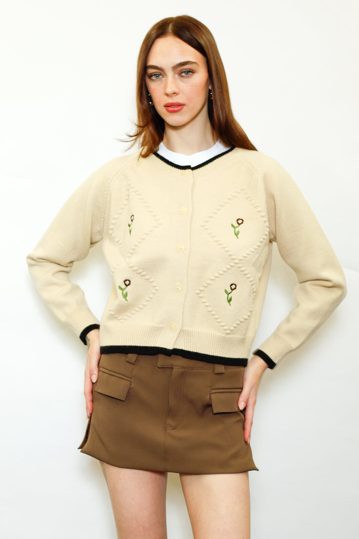Wool Cream Floral Motif Cardigan