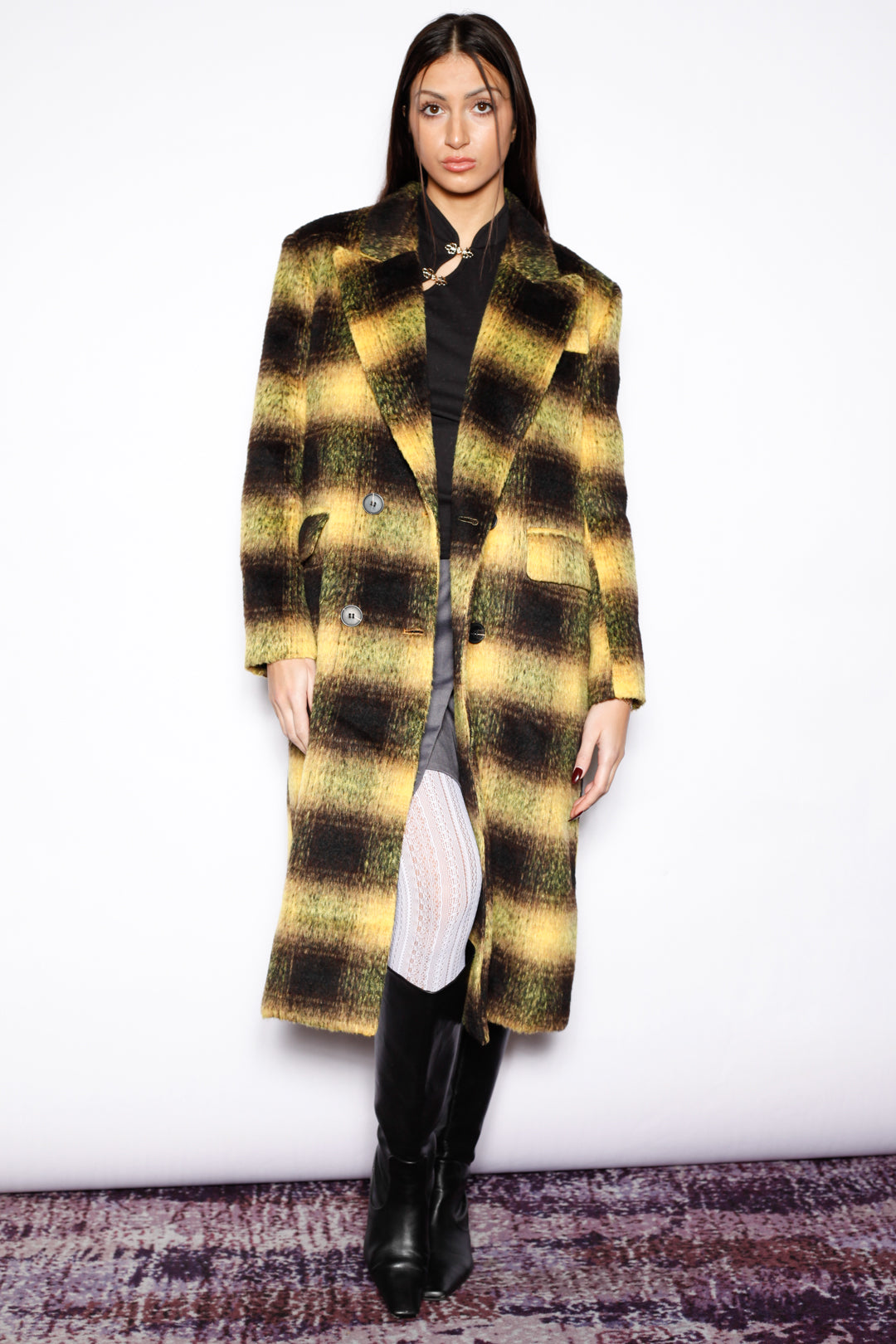 Heavy Wool Yellow Plaid Coat