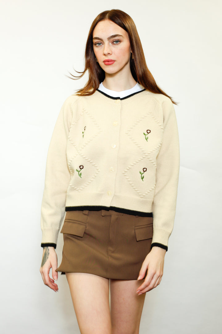 Wool Cream Floral Motif Cardigan