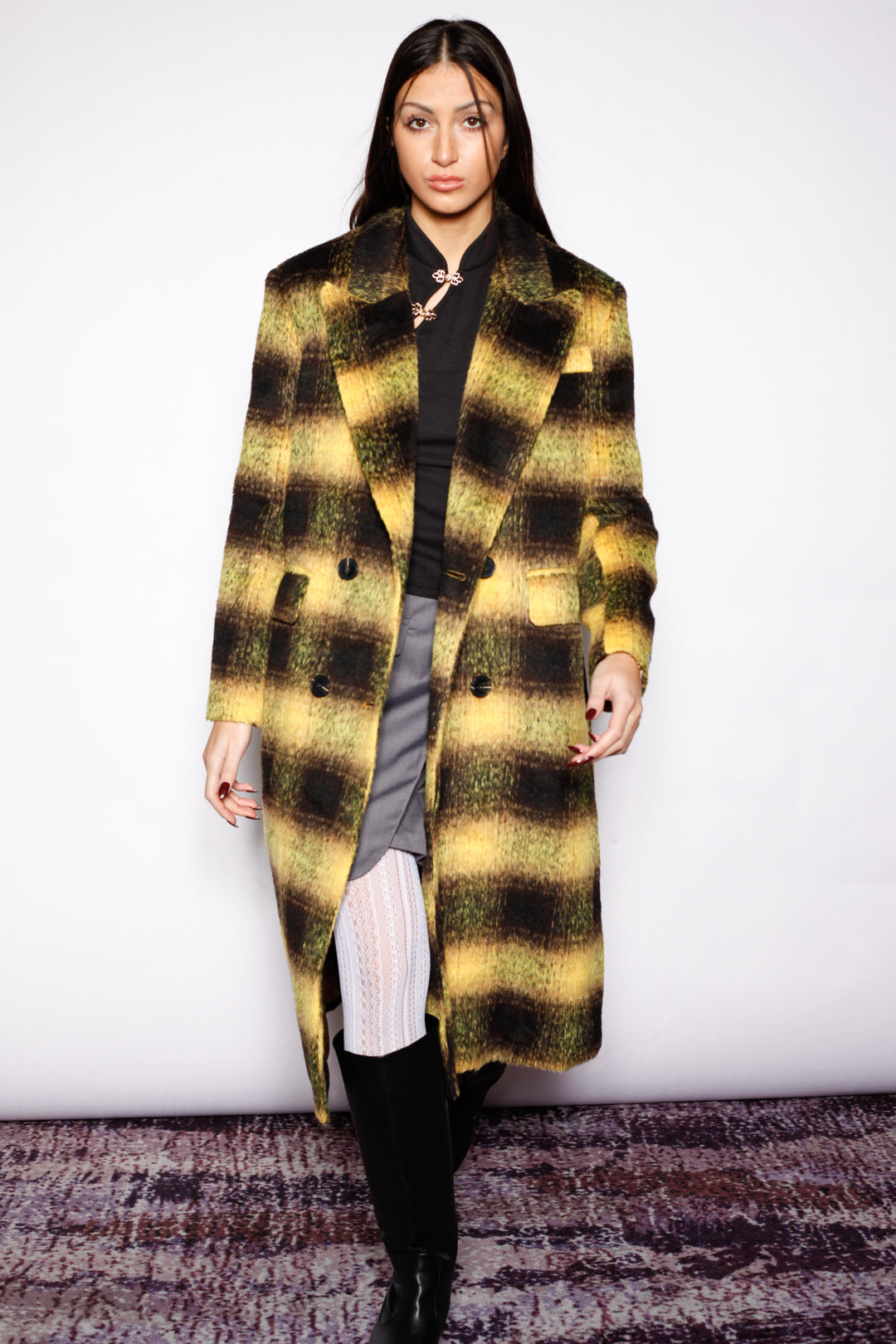 Heavy Wool Yellow Plaid Coat