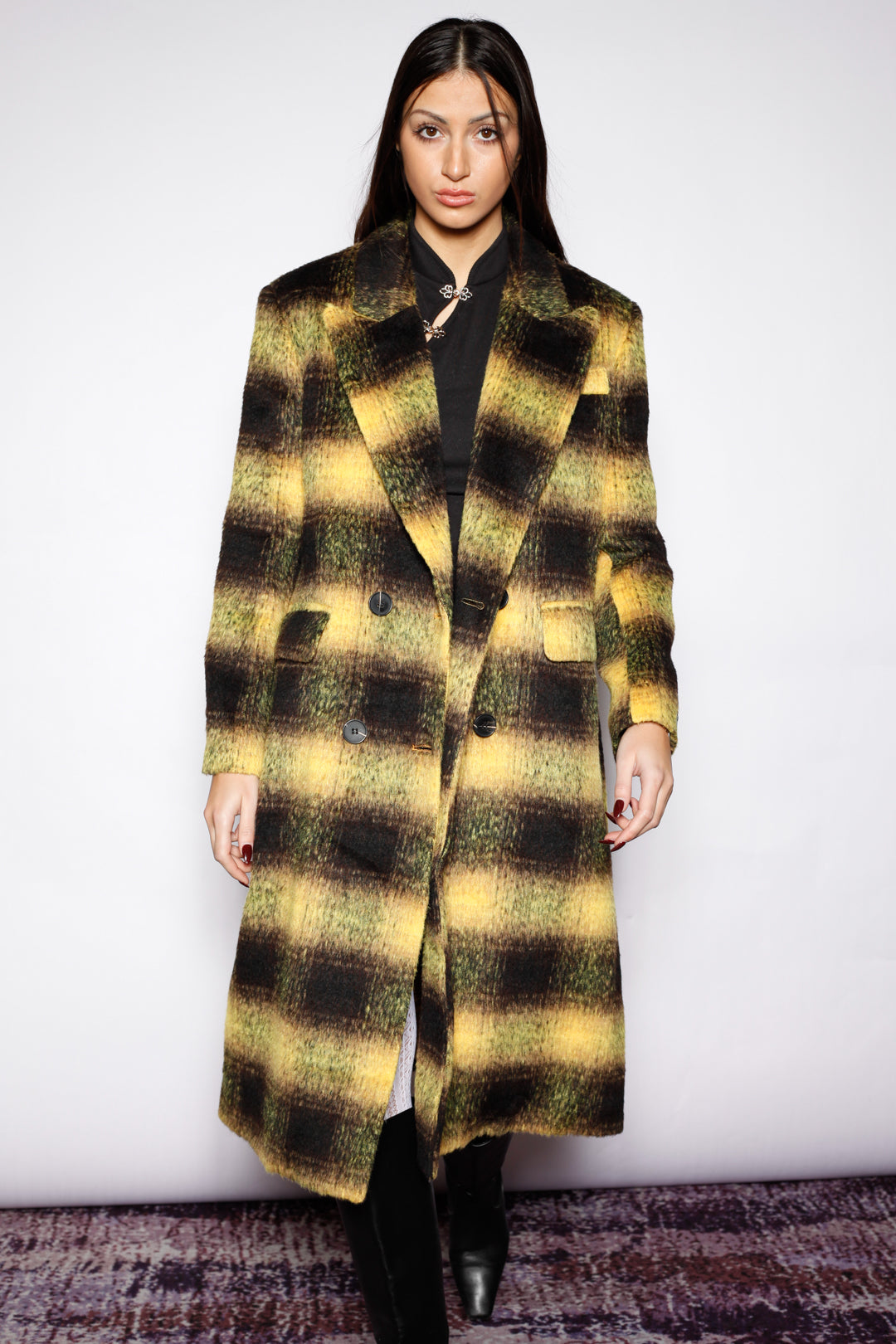 Heavy Wool Yellow Plaid Coat