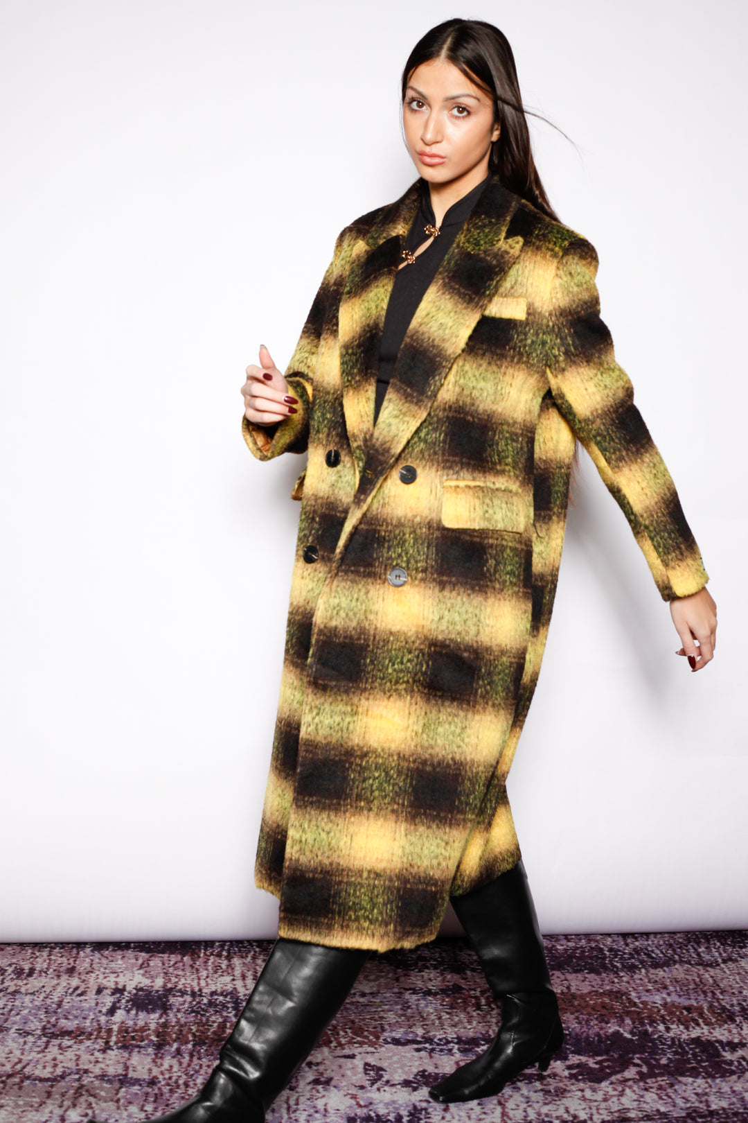 Heavy Wool Yellow Plaid Coat