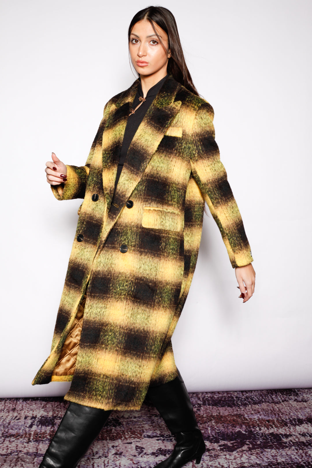 Heavy Wool Yellow Plaid Coat