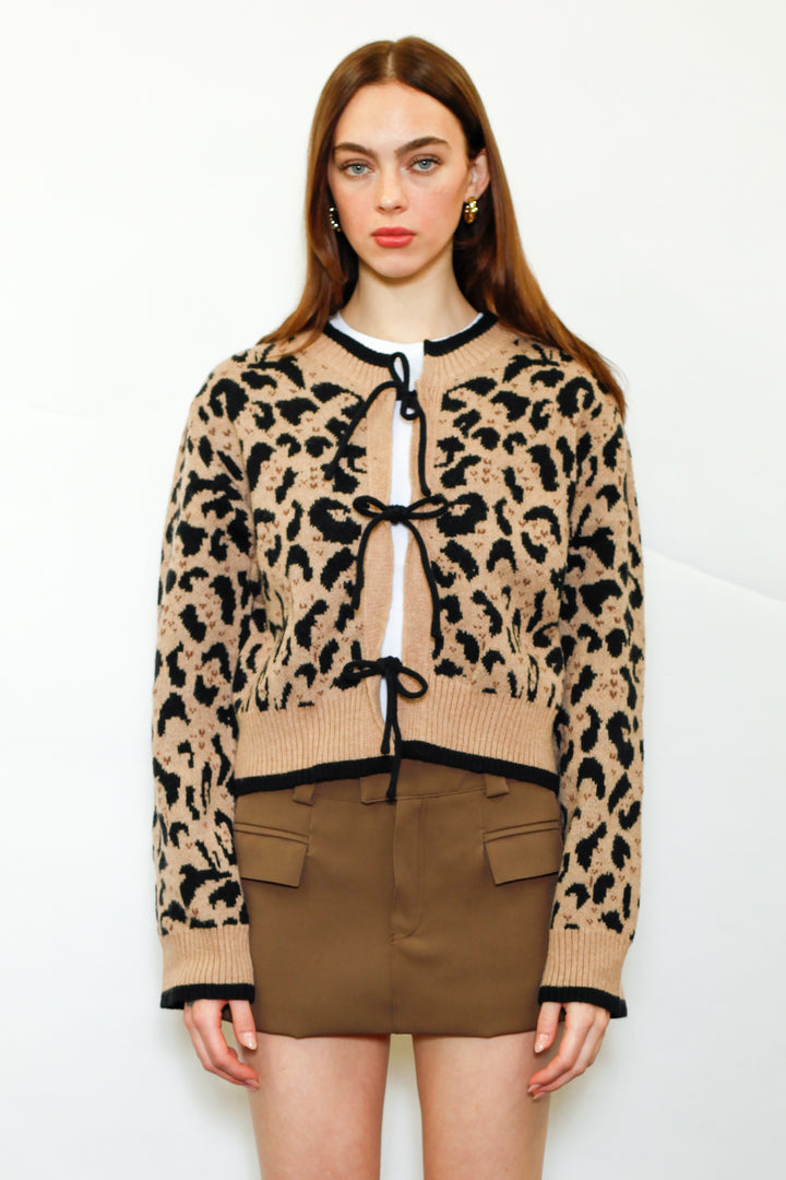 Wool Animal Print Bow-Tie Cardigan