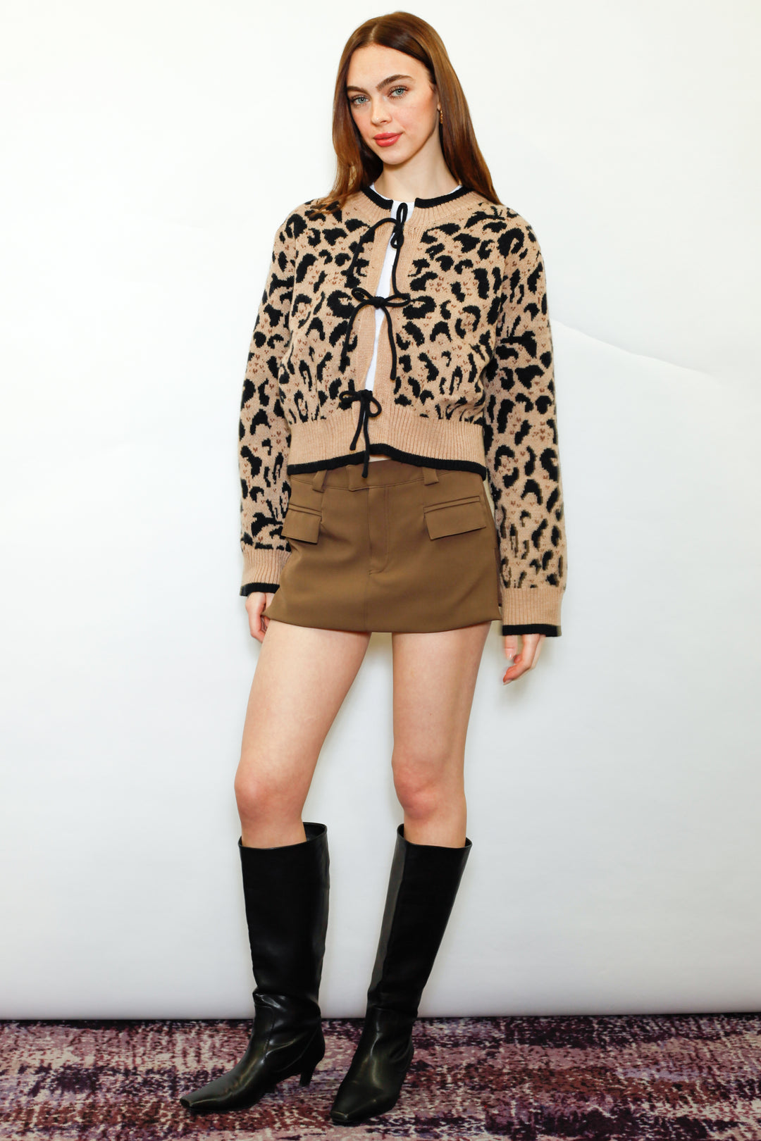 Wool Animal Print Bow-Tie Cardigan