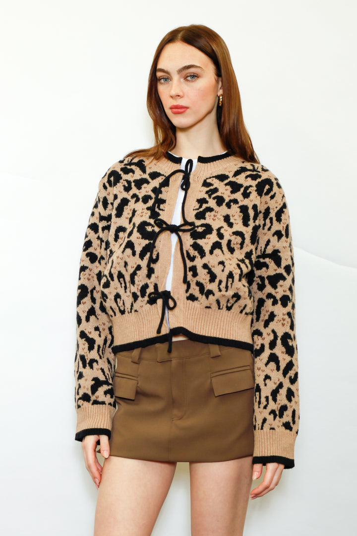 Wool Animal Print Bow-Tie Cardigan