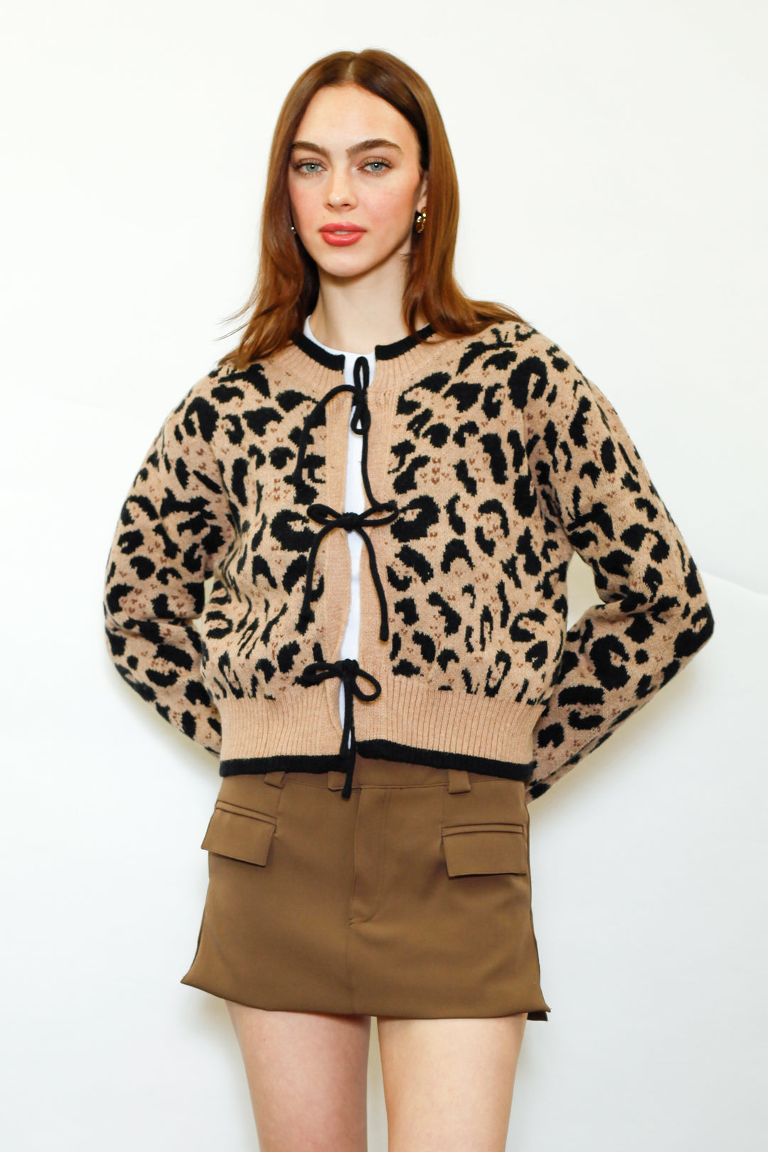 Wool Animal Print Bow-Tie Cardigan